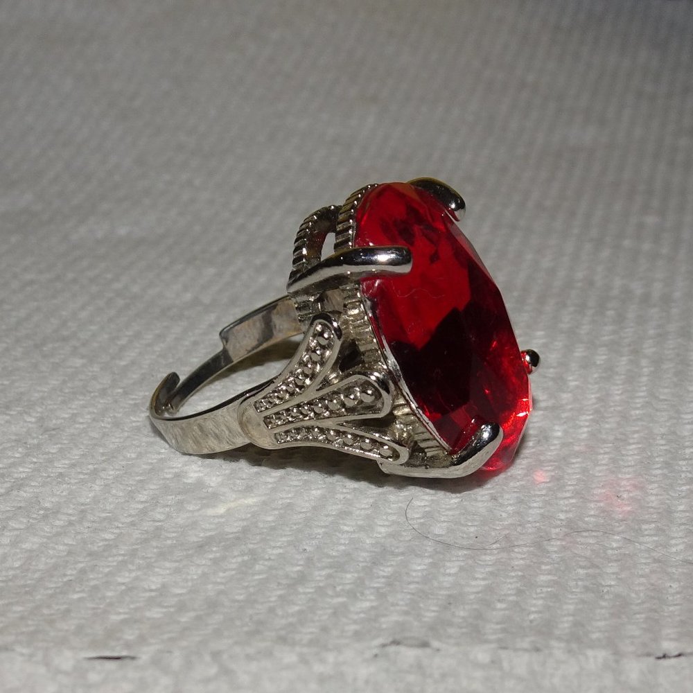 Red Rhinestone Silver Tone Adjustable Ring - image 2